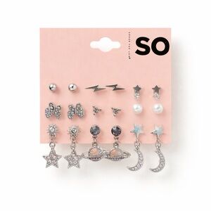 SO Silver Tone Multi Pair Earrings Stars Moon Butterfly Lightning Studs Dangle